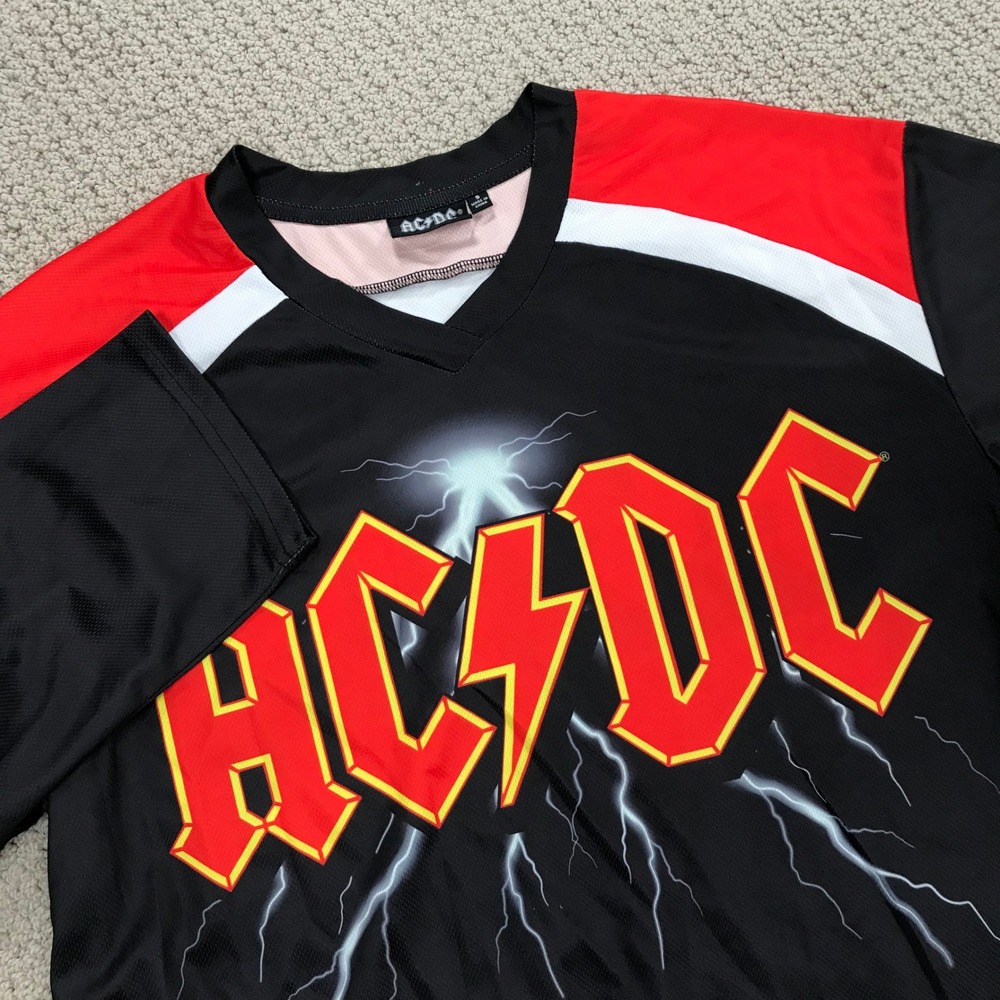 ACDC Hockey Jersey Mens Small Black Red Lightning Rock Band Graphic Shirt 1973